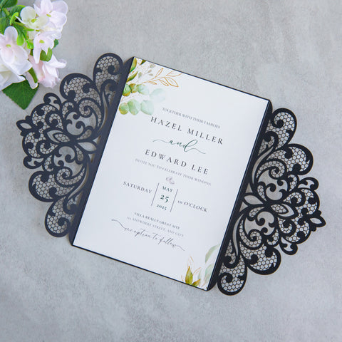 NingsPaper Black Laser Cut Invitation Cards with Ribbons and Rhinestone Pearls