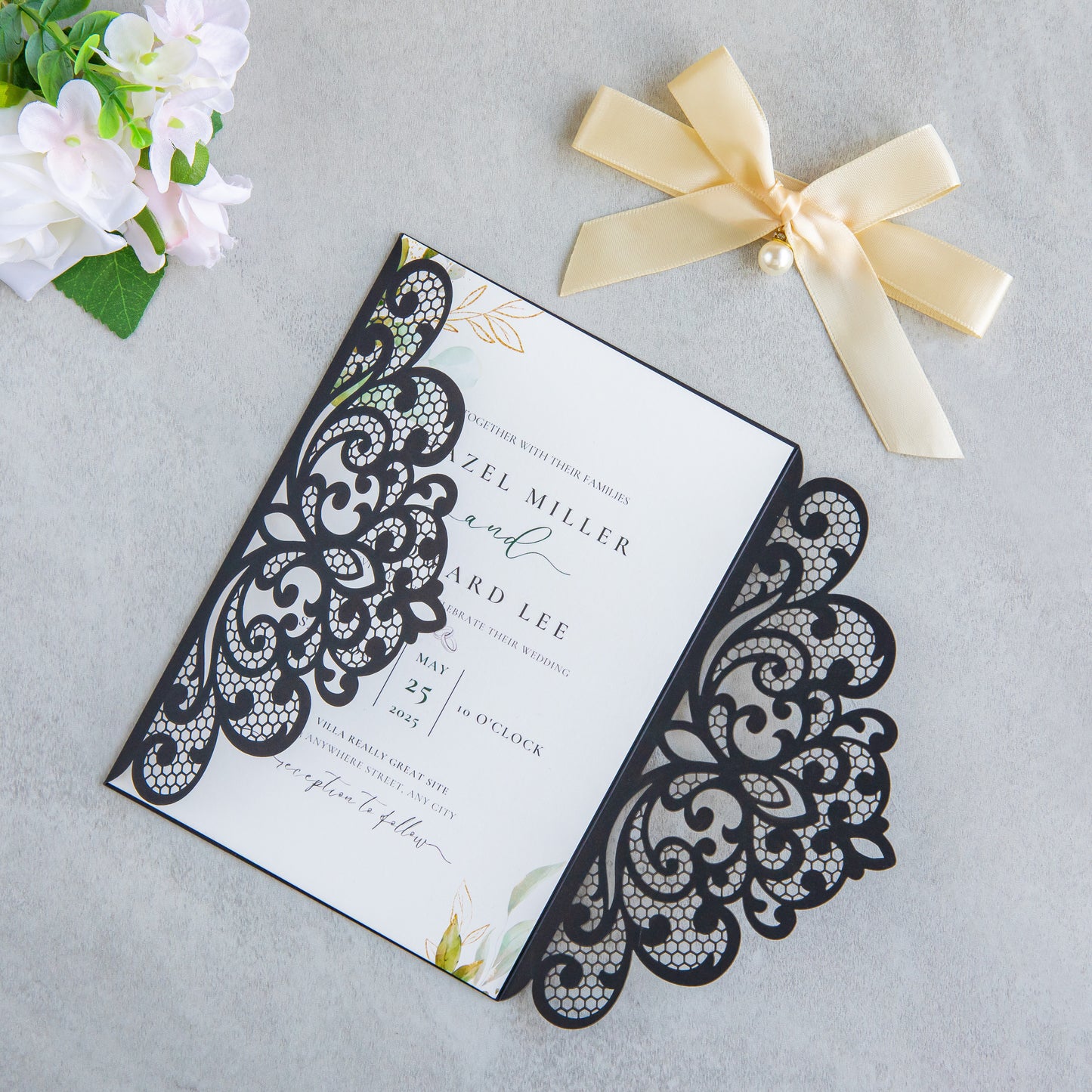 NingsPaper Black Laser Cut Invitation Cards with Ribbons and Rhinestone Pearls