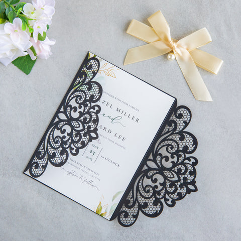 NingsPaper Black Laser Cut Invitation Cards with Ribbons and Rhinestone Pearls