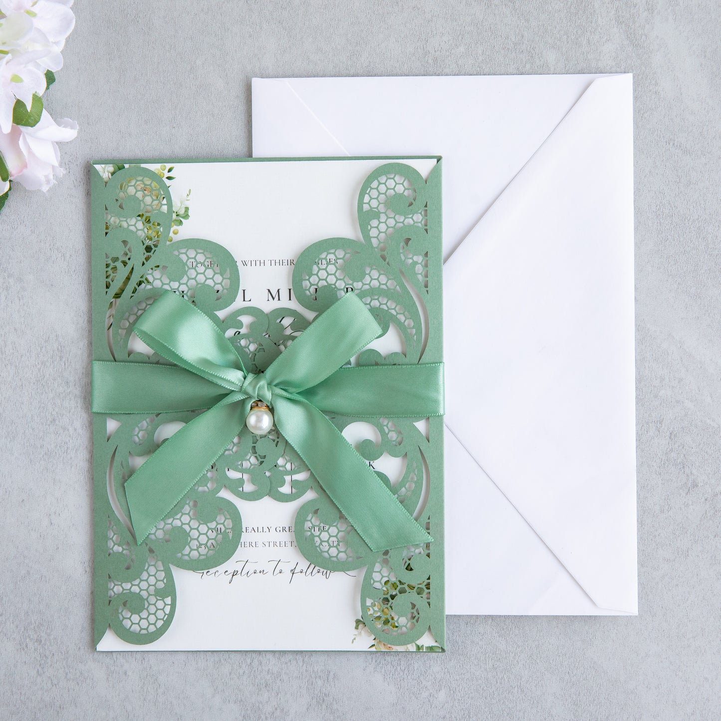 NingsPaper Sage Green Laser Cut Invitation Cards with Ribbons and Rhinestone Pearls