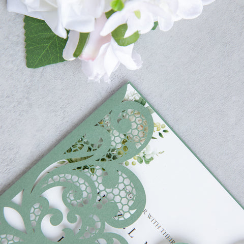 NingsPaper Sage Green Laser Cut Invitation Cards with Ribbons and Rhinestone Pearls