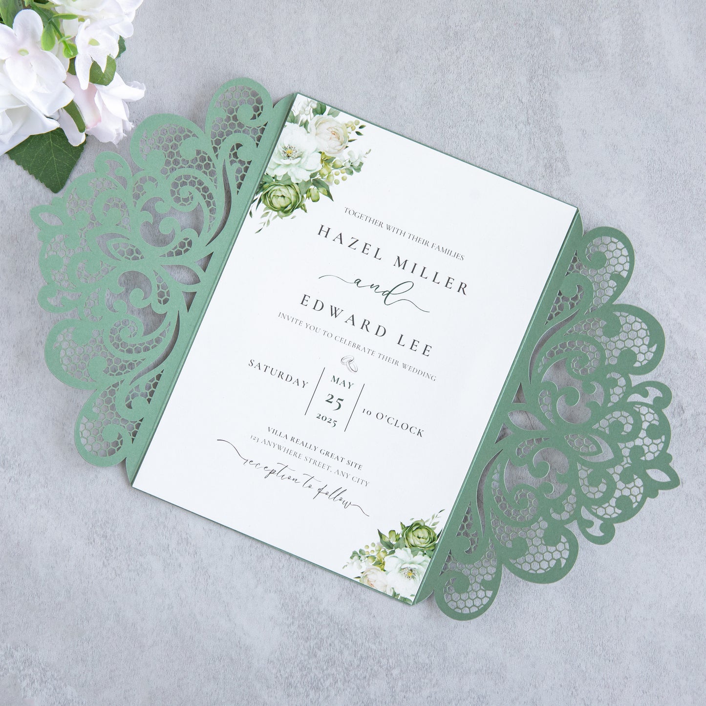 NingsPaper Sage Green Laser Cut Invitation Cards with Ribbons and Rhinestone Pearls