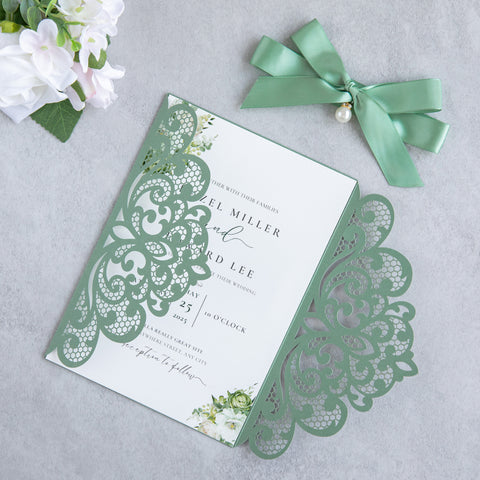 NingsPaper Sage Green Laser Cut Invitation Cards with Ribbons and Rhinestone Pearls