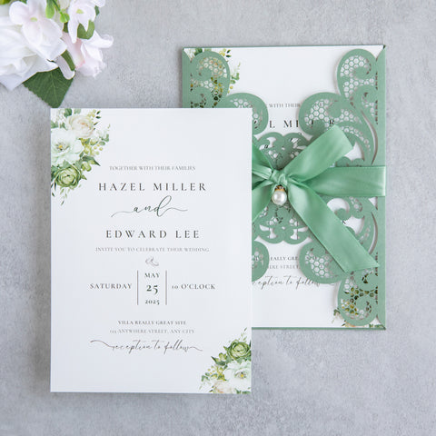 NingsPaper Sage Green Laser Cut Invitation Cards with Ribbons and Rhinestone Pearls