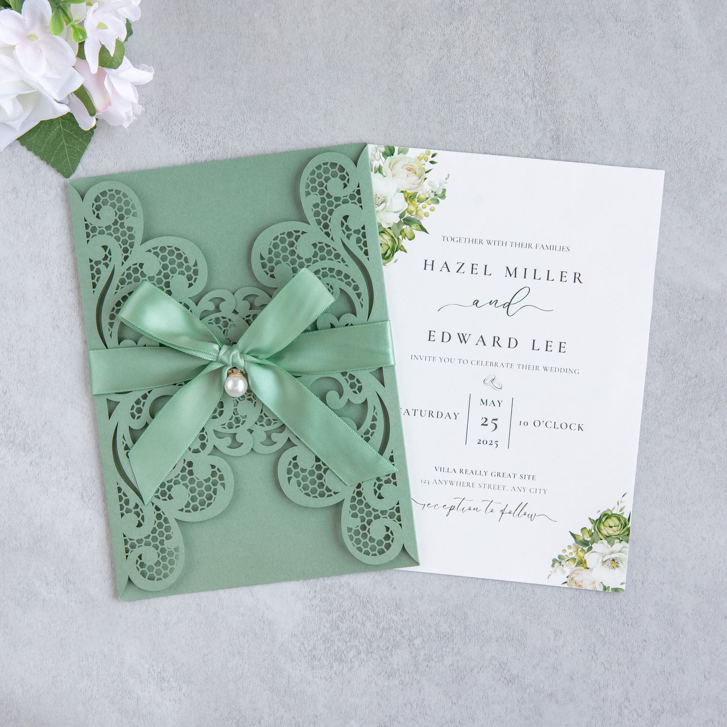 NingsPaper Sage Green Laser Cut Invitation Cards with Ribbons and Rhinestone Pearls