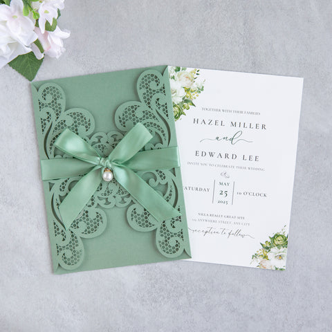 NingsPaper Sage Green Laser Cut Invitation Cards with Ribbons and Rhinestone Pearls