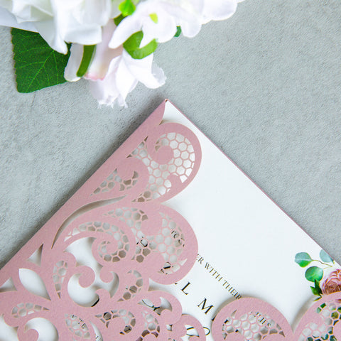 NingsPaper Dusty Rose Laser Cut Invitation Cards with Ribbons and Rhinestone Pearls