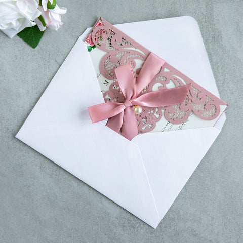 NingsPaper Dusty Rose Laser Cut Invitation Cards with Ribbons and Rhinestone Pearls