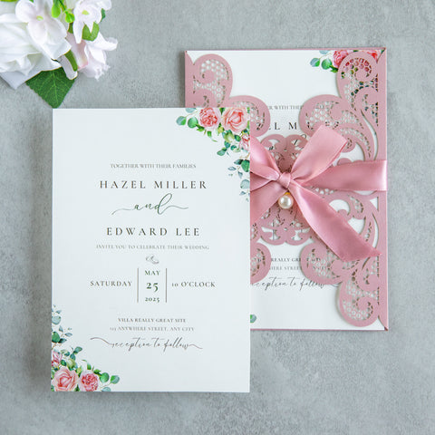 NingsPaper Dusty Rose Laser Cut Invitation Cards with Ribbons and Rhinestone Pearls
