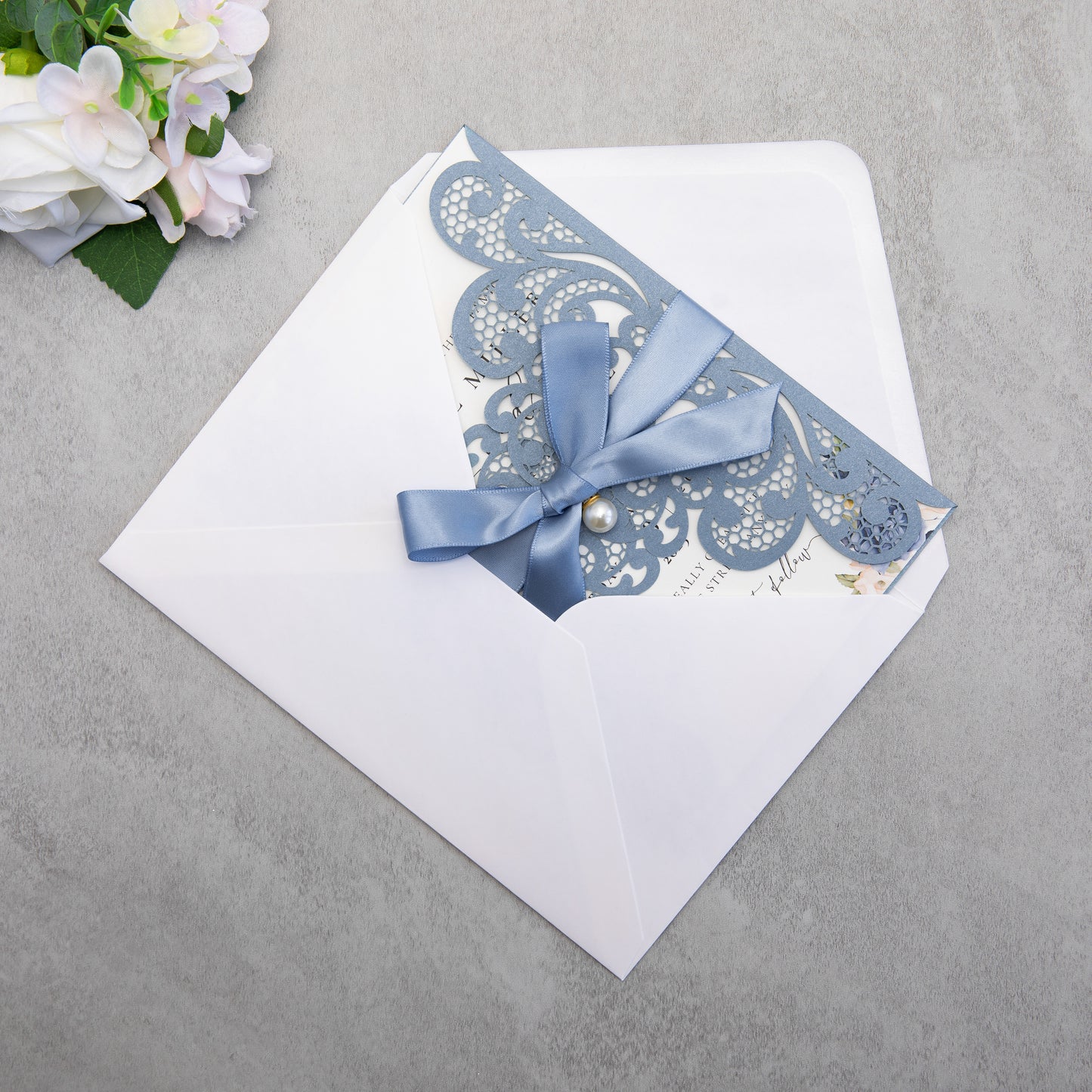 NingsPaper Dusty Blue Laser Cut Invitation Cards with Ribbons and Rhinestone Pearls