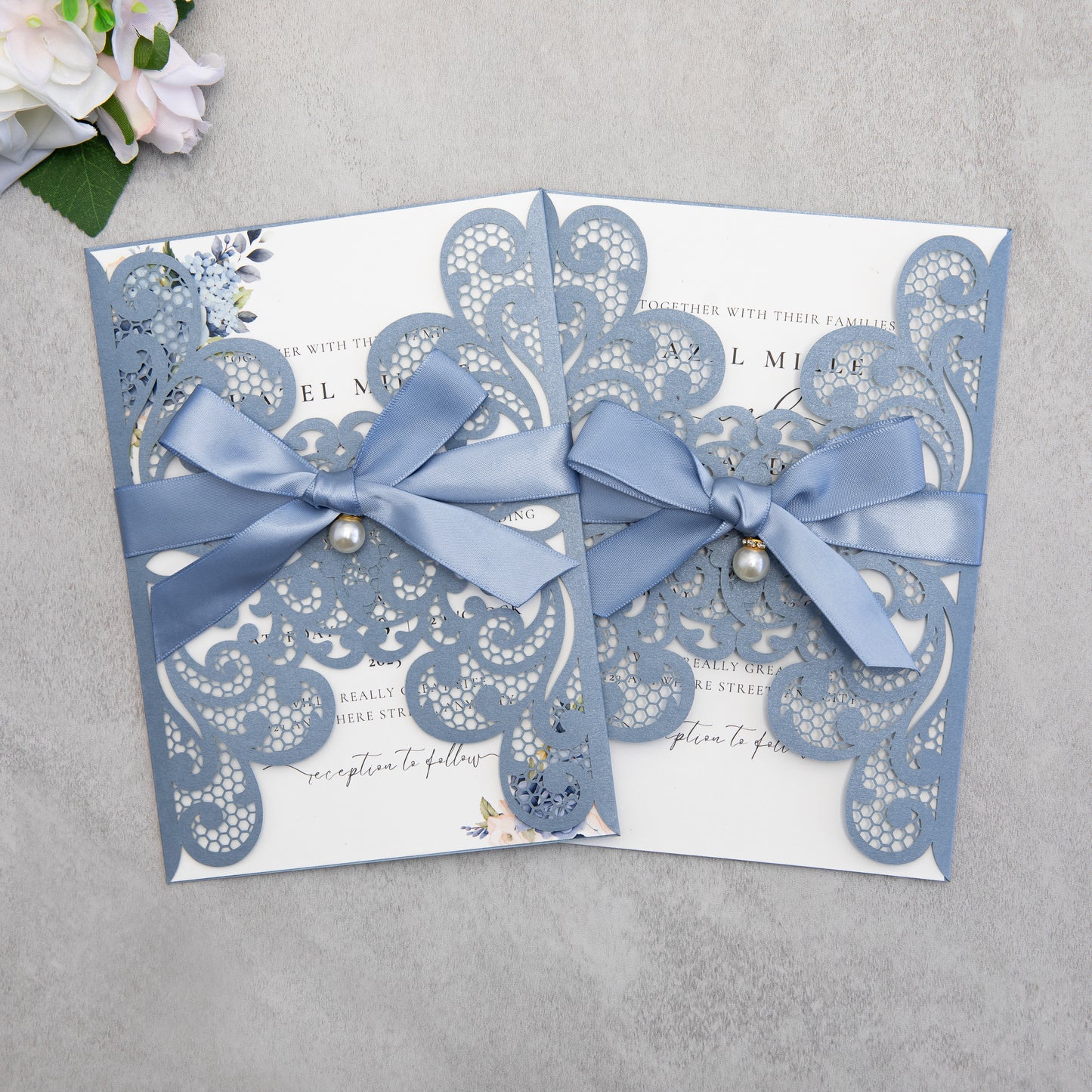 NingsPaper Dusty Blue Laser Cut Invitation Cards with Ribbons and Rhinestone Pearls