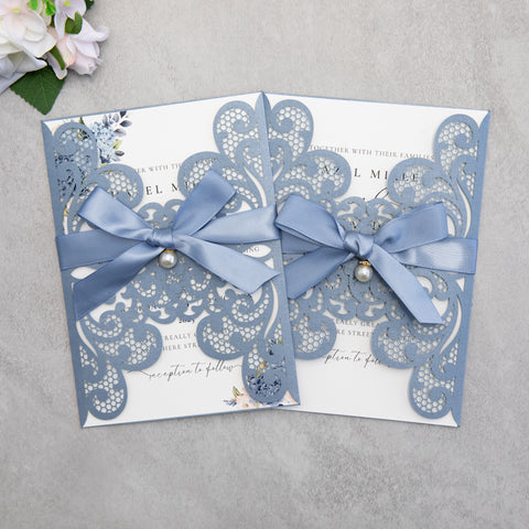 NingsPaper Dusty Blue Laser Cut Invitation Cards with Ribbons and Rhinestone Pearls