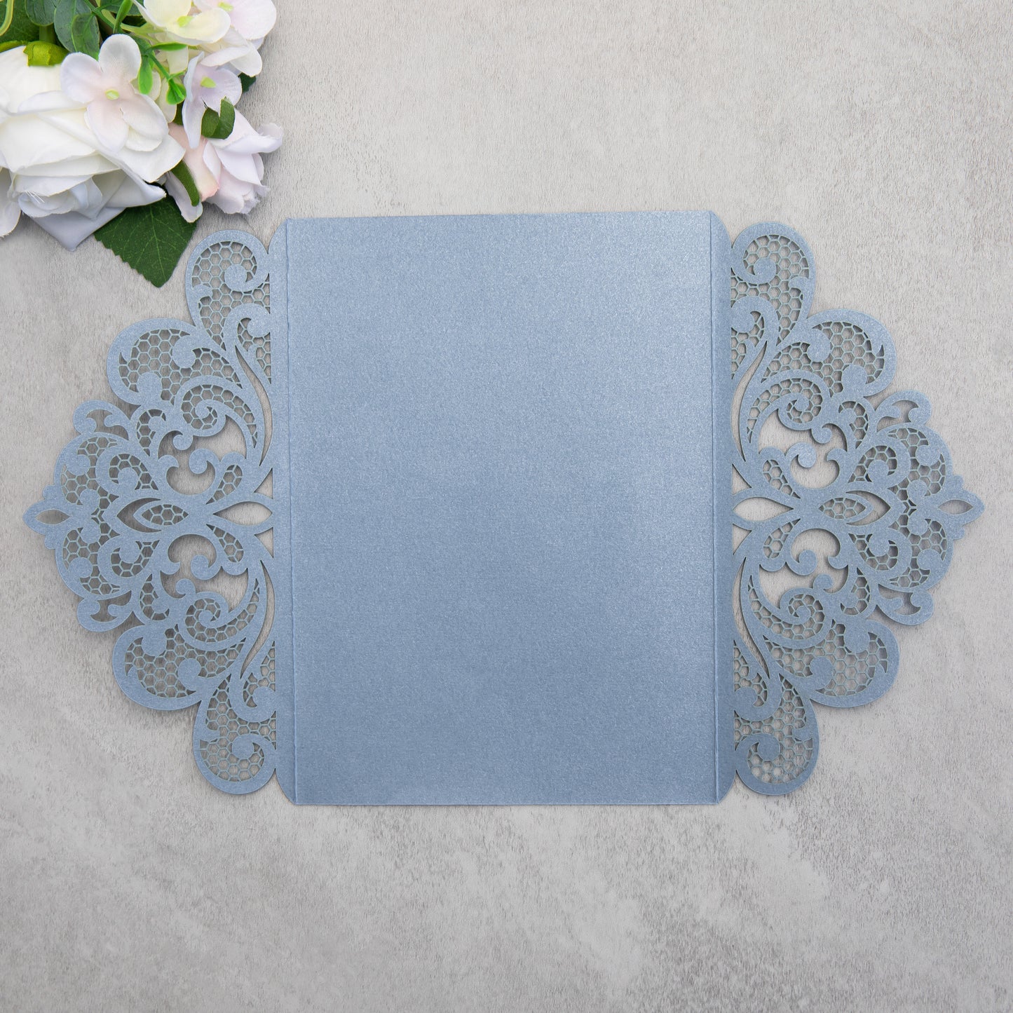 NingsPaper Dusty Blue Laser Cut Invitation Cards with Ribbons and Rhinestone Pearls