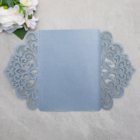 NingsPaper Dusty Blue Laser Cut Invitation Cards with Ribbons and Rhinestone Pearls