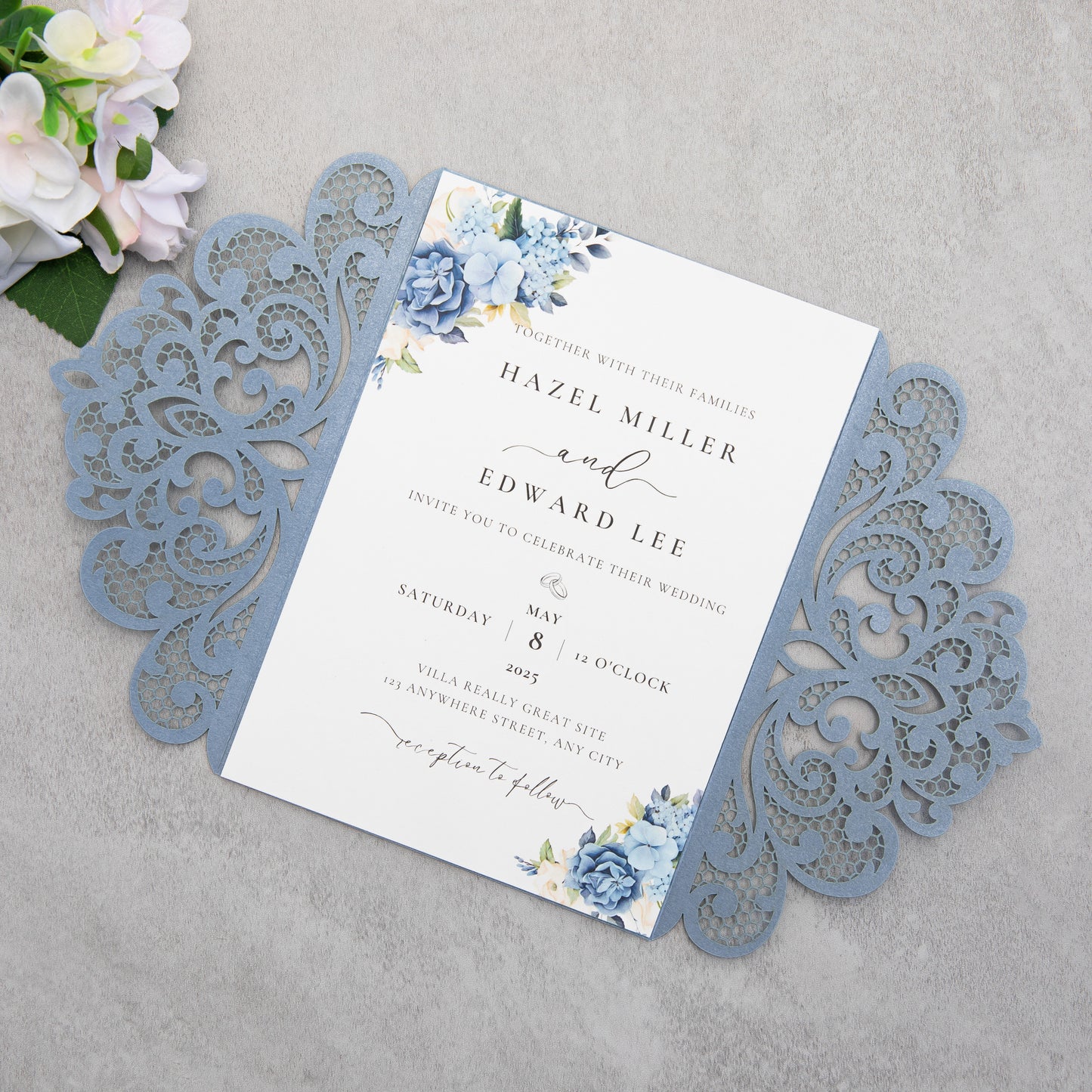 NingsPaper Dusty Blue Laser Cut Invitation Cards with Ribbons and Rhinestone Pearls