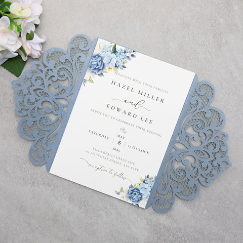 NingsPaper Dusty Blue Laser Cut Invitation Cards with Ribbons and Rhinestone Pearls