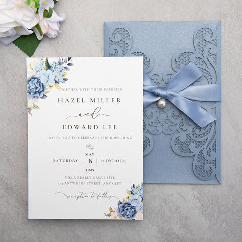 NingsPaper Dusty Blue Laser Cut Invitation Cards with Ribbons and Rhinestone Pearls
