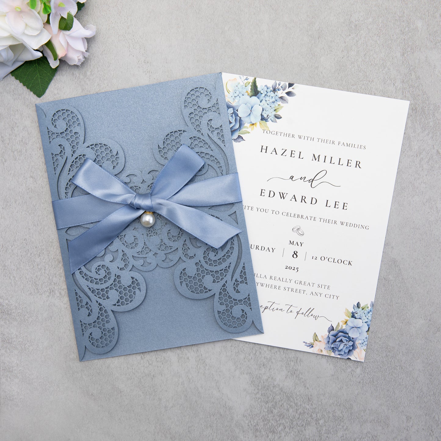 NingsPaper Dusty Blue Laser Cut Invitation Cards with Ribbons and Rhinestone Pearls
