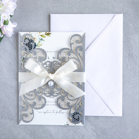 NingsPaper Silver Glitter Laser Cut Invitation Cards with Ribbons and Rhinestone Pearls