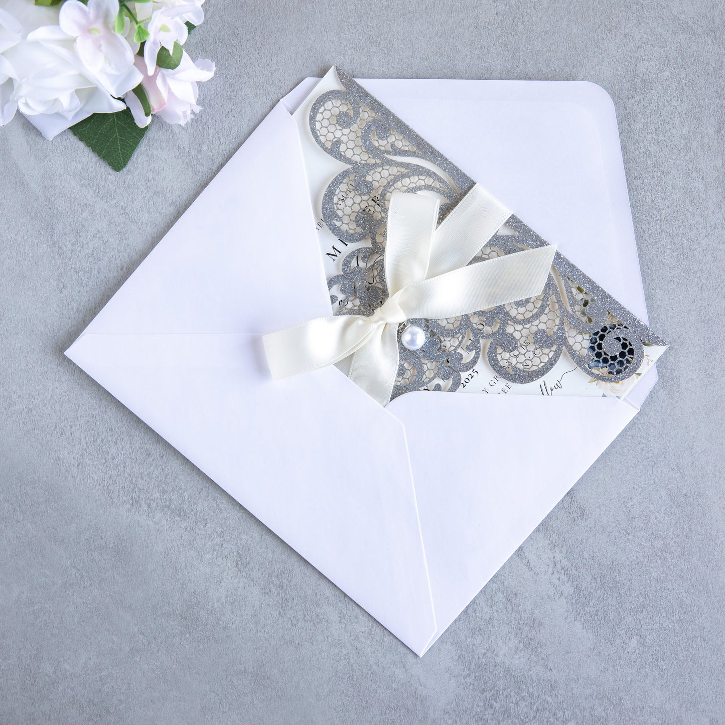 NingsPaper Silver Glitter Laser Cut Invitation Cards with Ribbons and Rhinestone Pearls