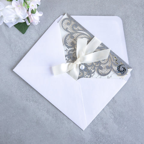 NingsPaper Silver Glitter Laser Cut Invitation Cards with Ribbons and Rhinestone Pearls