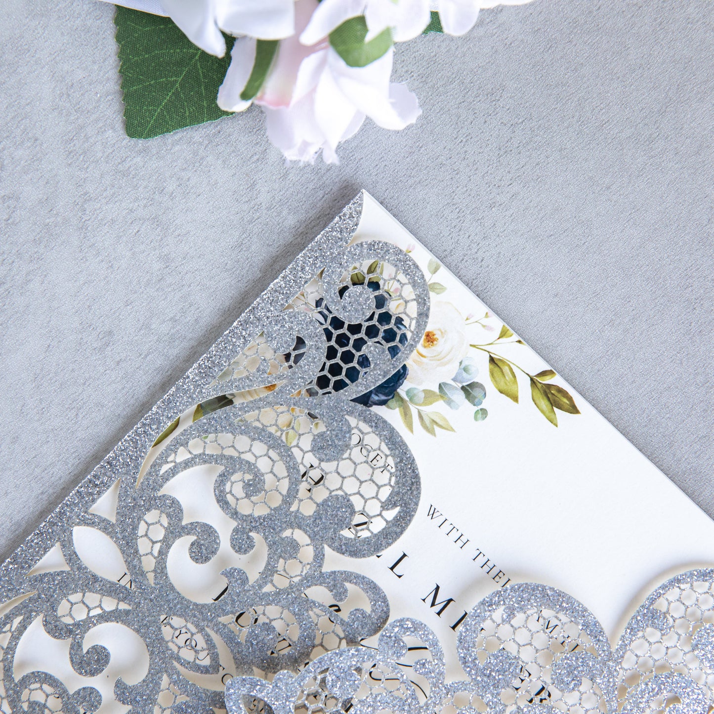 NingsPaper Silver Glitter Laser Cut Invitation Cards with Ribbons and Rhinestone Pearls