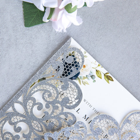 NingsPaper Silver Glitter Laser Cut Invitation Cards with Ribbons and Rhinestone Pearls