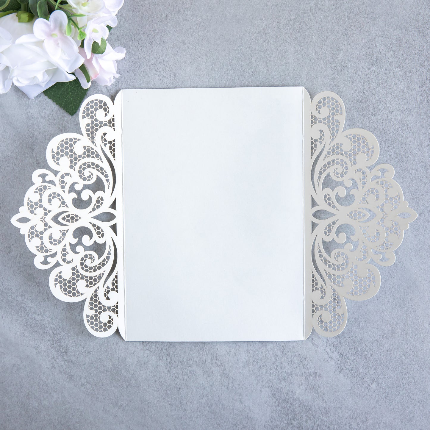 NingsPaper Silver Glitter Laser Cut Invitation Cards with Ribbons and Rhinestone Pearls