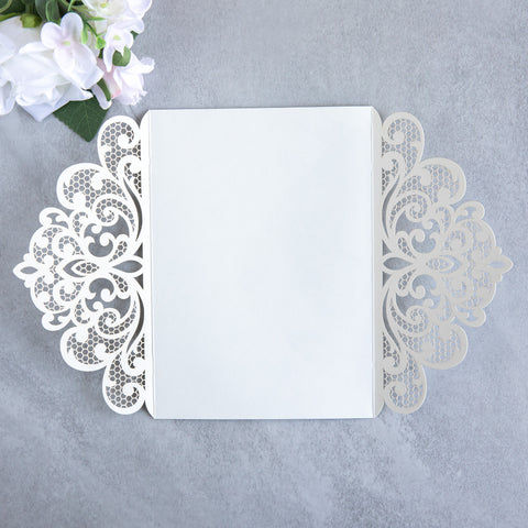 NingsPaper Silver Glitter Laser Cut Invitation Cards with Ribbons and Rhinestone Pearls