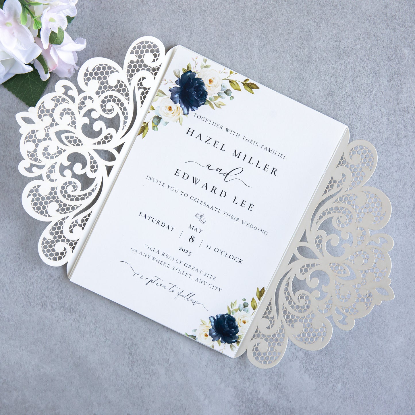 NingsPaper Silver Glitter Laser Cut Invitation Cards with Ribbons and Rhinestone Pearls