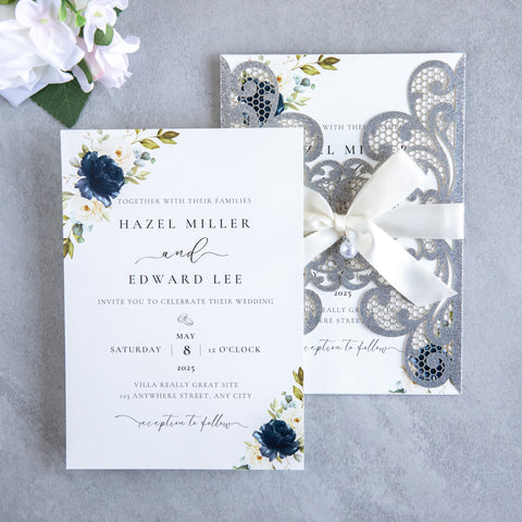 NingsPaper Silver Glitter Laser Cut Invitation Cards with Ribbons and Rhinestone Pearls