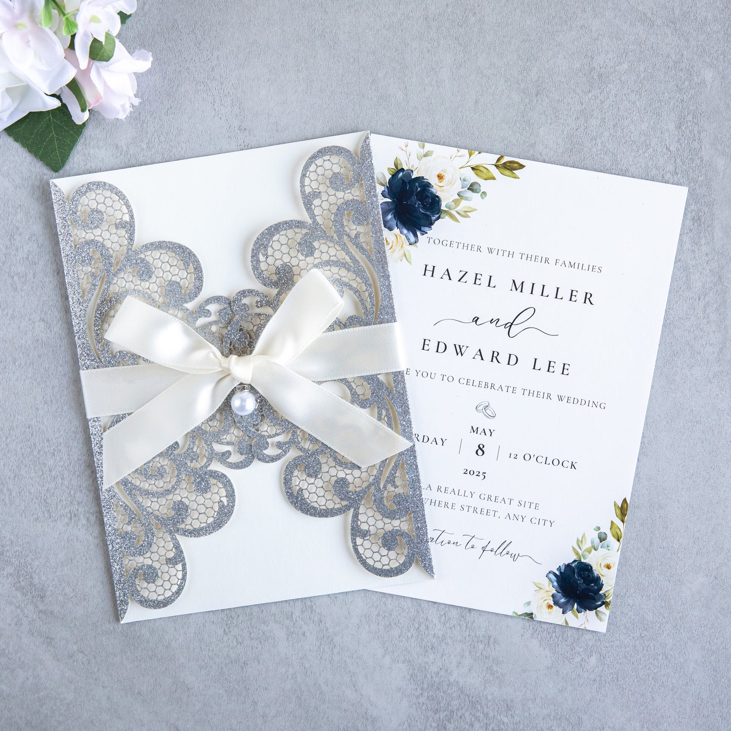 NingsPaper Silver Glitter Laser Cut Invitation Cards with Ribbons and Rhinestone Pearls