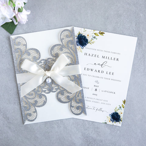 NingsPaper Silver Glitter Laser Cut Invitation Cards with Ribbons and Rhinestone Pearls