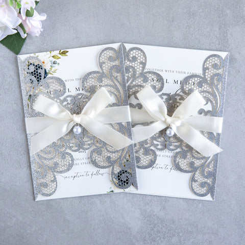 NingsPaper Silver Glitter Laser Cut Invitation Cards with Ribbons and Rhinestone Pearls