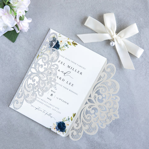 NingsPaper Silver Glitter Laser Cut Invitation Cards with Ribbons and Rhinestone Pearls