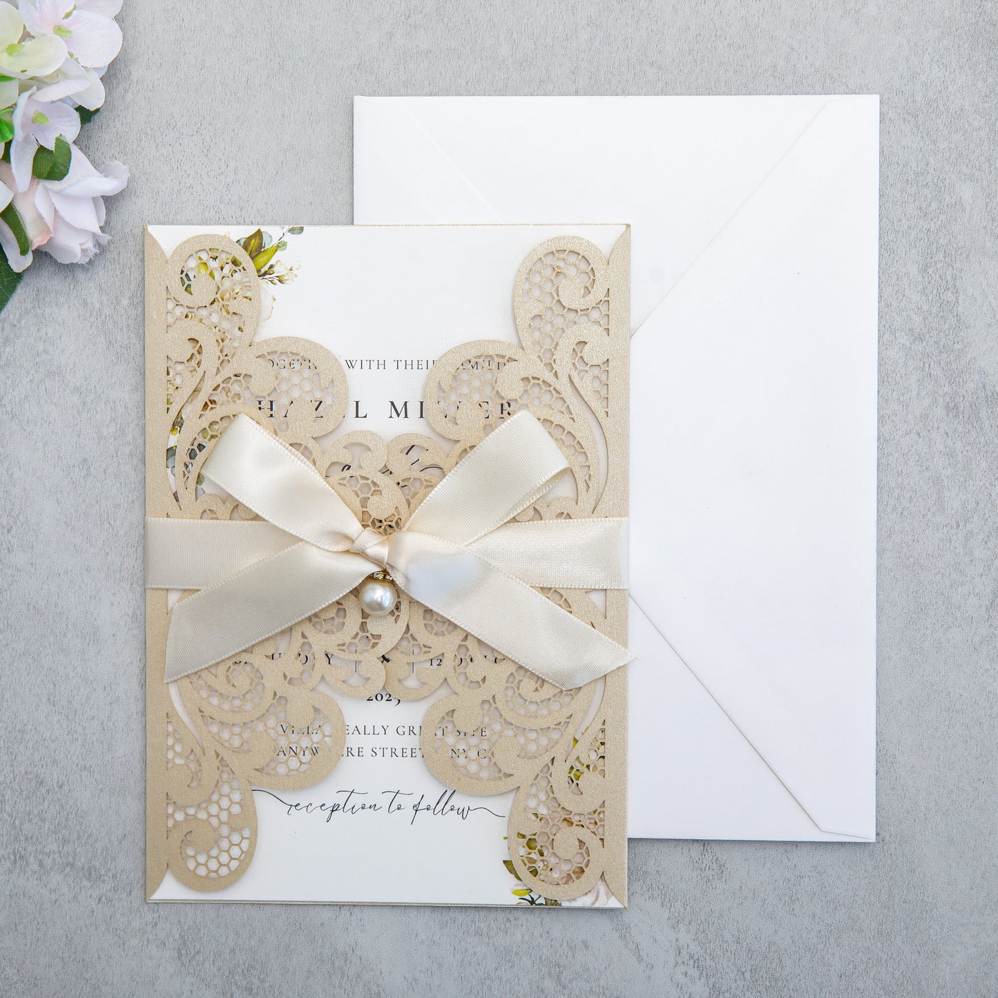 NingsPaper Champagne Laser Cut Invitation Cards with Ribbons and Rhinestone Pearls