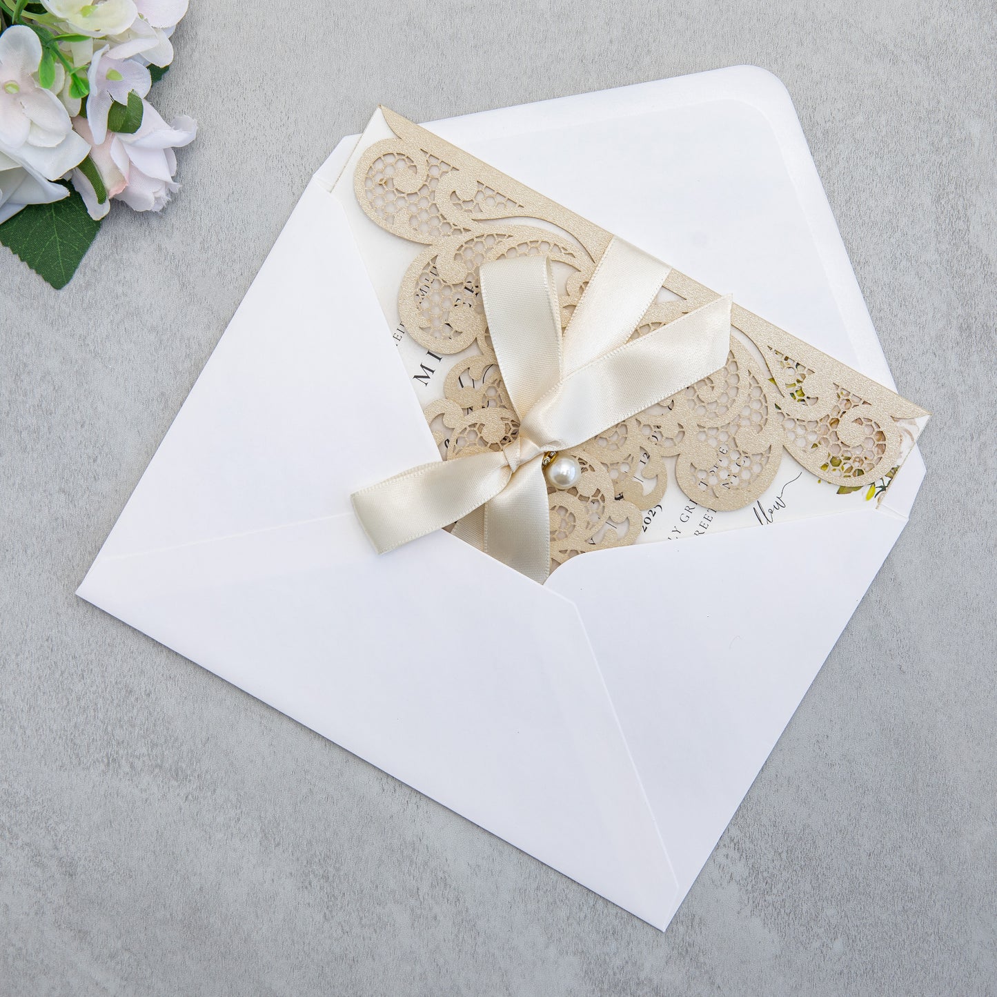 NingsPaper Champagne Laser Cut Invitation Cards with Ribbons and Rhinestone Pearls