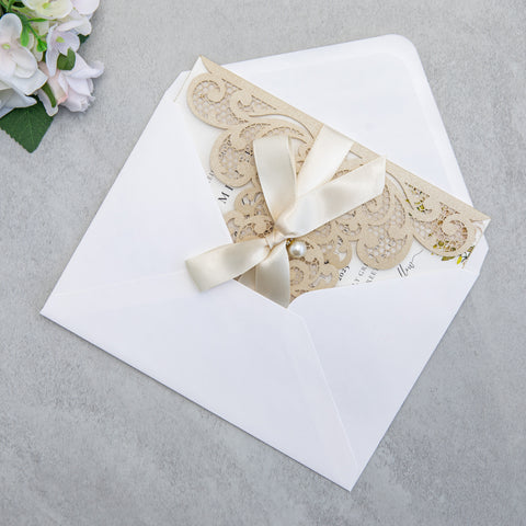 NingsPaper Champagne Laser Cut Invitation Cards with Ribbons and Rhinestone Pearls