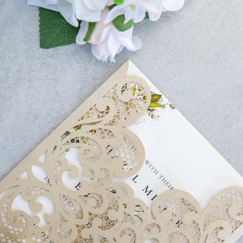 NingsPaper Champagne Laser Cut Invitation Cards with Ribbons and Rhinestone Pearls