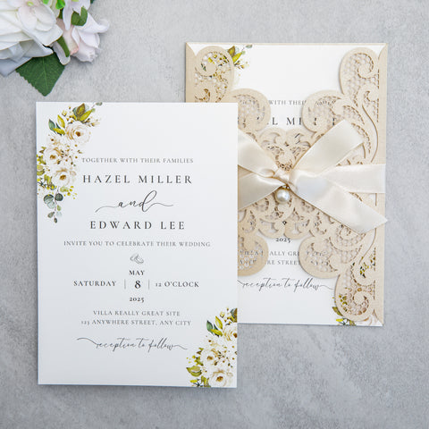 NingsPaper Champagne Laser Cut Invitation Cards with Ribbons and Rhinestone Pearls