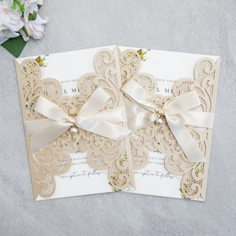 NingsPaper Champagne Laser Cut Invitation Cards with Ribbons and Rhinestone Pearls