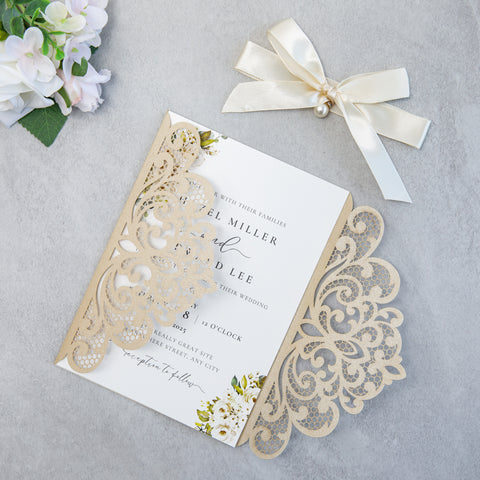 NingsPaper Champagne Laser Cut Invitation Cards with Ribbons and Rhinestone Pearls