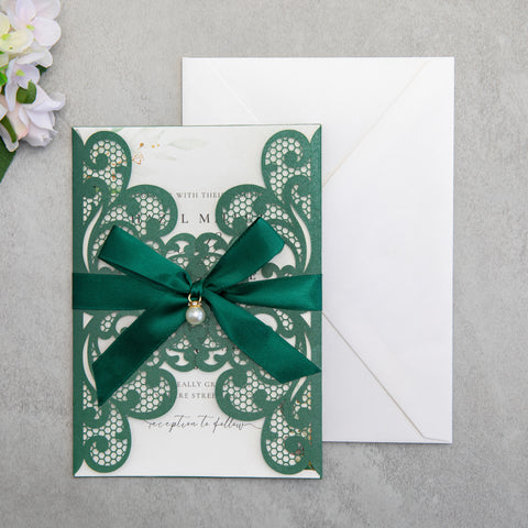 NingsPaper Emerald Green Laser Cut Invitation Cards with Ribbons and Rhinestone Pearls