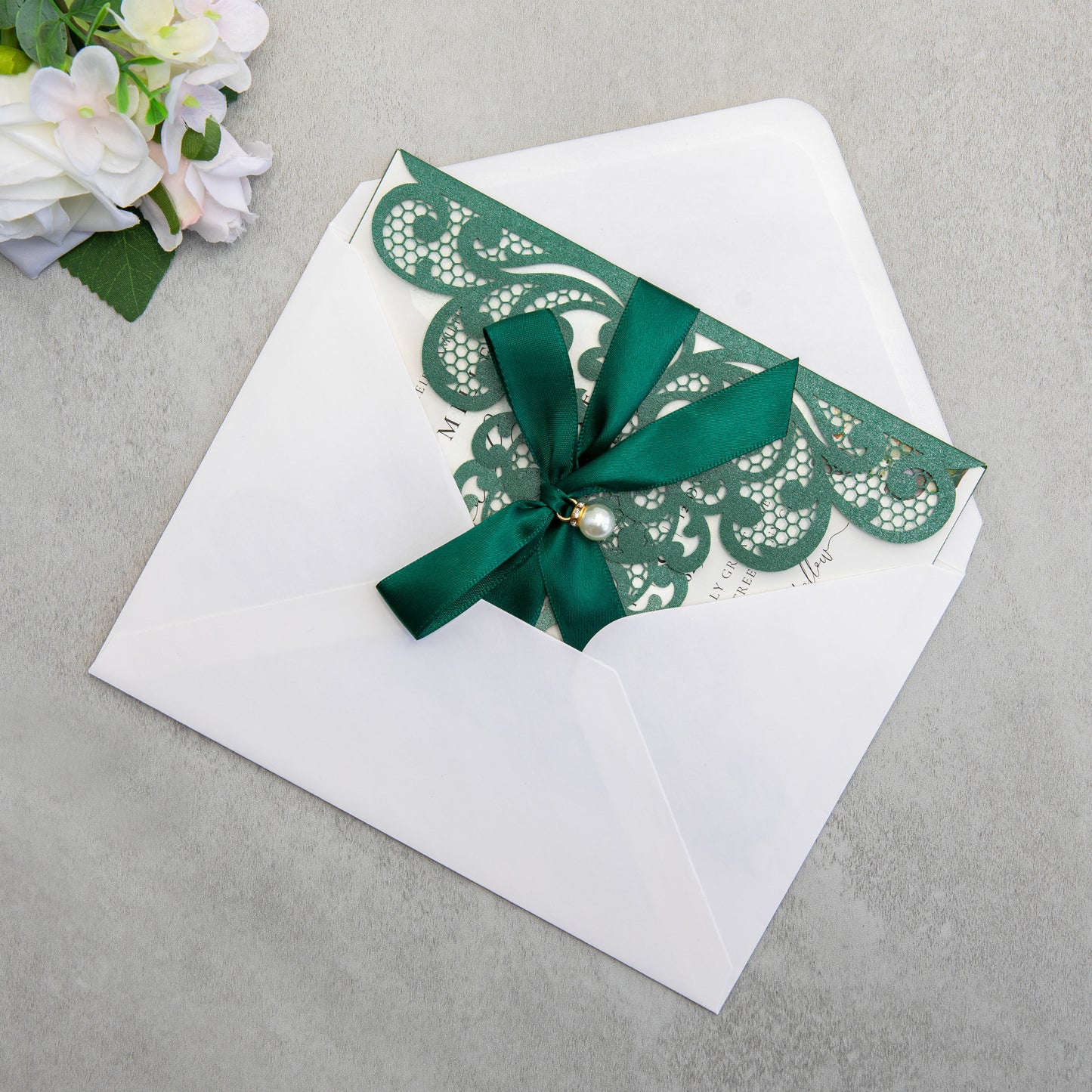 NingsPaper Emerald Green Laser Cut Invitation Cards with Ribbons and Rhinestone Pearls