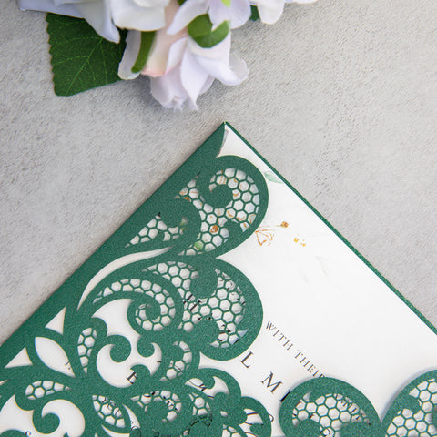 NingsPaper Emerald Green Laser Cut Invitation Cards with Ribbons and Rhinestone Pearls