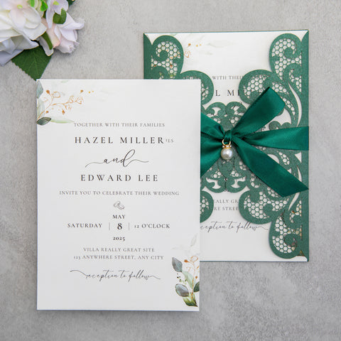 NingsPaper Emerald Green Laser Cut Invitation Cards with Ribbons and Rhinestone Pearls