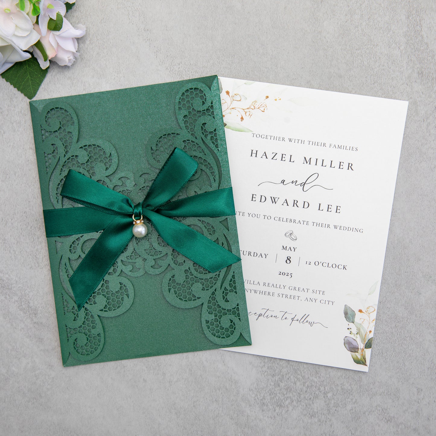 NingsPaper Emerald Green Laser Cut Invitation Cards with Ribbons and Rhinestone Pearls