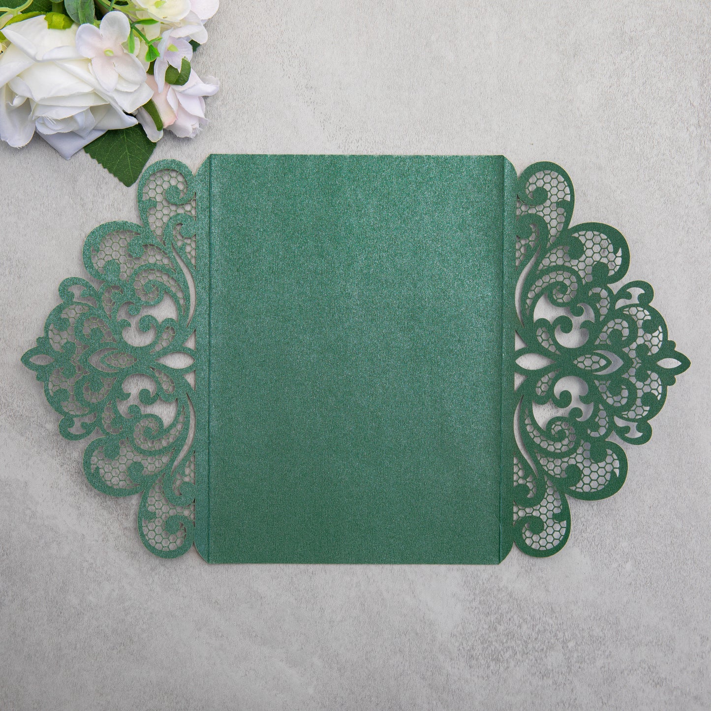 NingsPaper Emerald Green Laser Cut Invitation Cards with Ribbons and Rhinestone Pearls