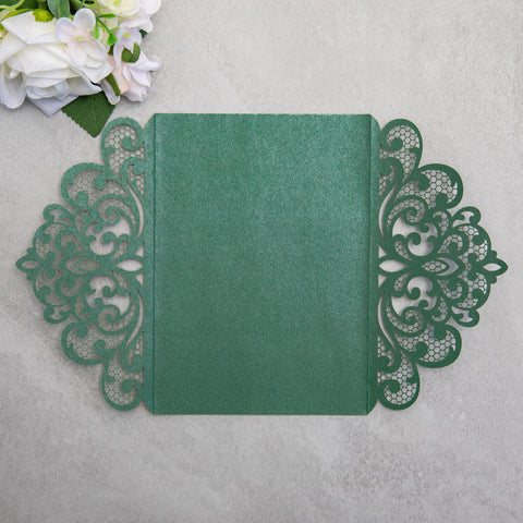 NingsPaper Emerald Green Laser Cut Invitation Cards with Ribbons and Rhinestone Pearls