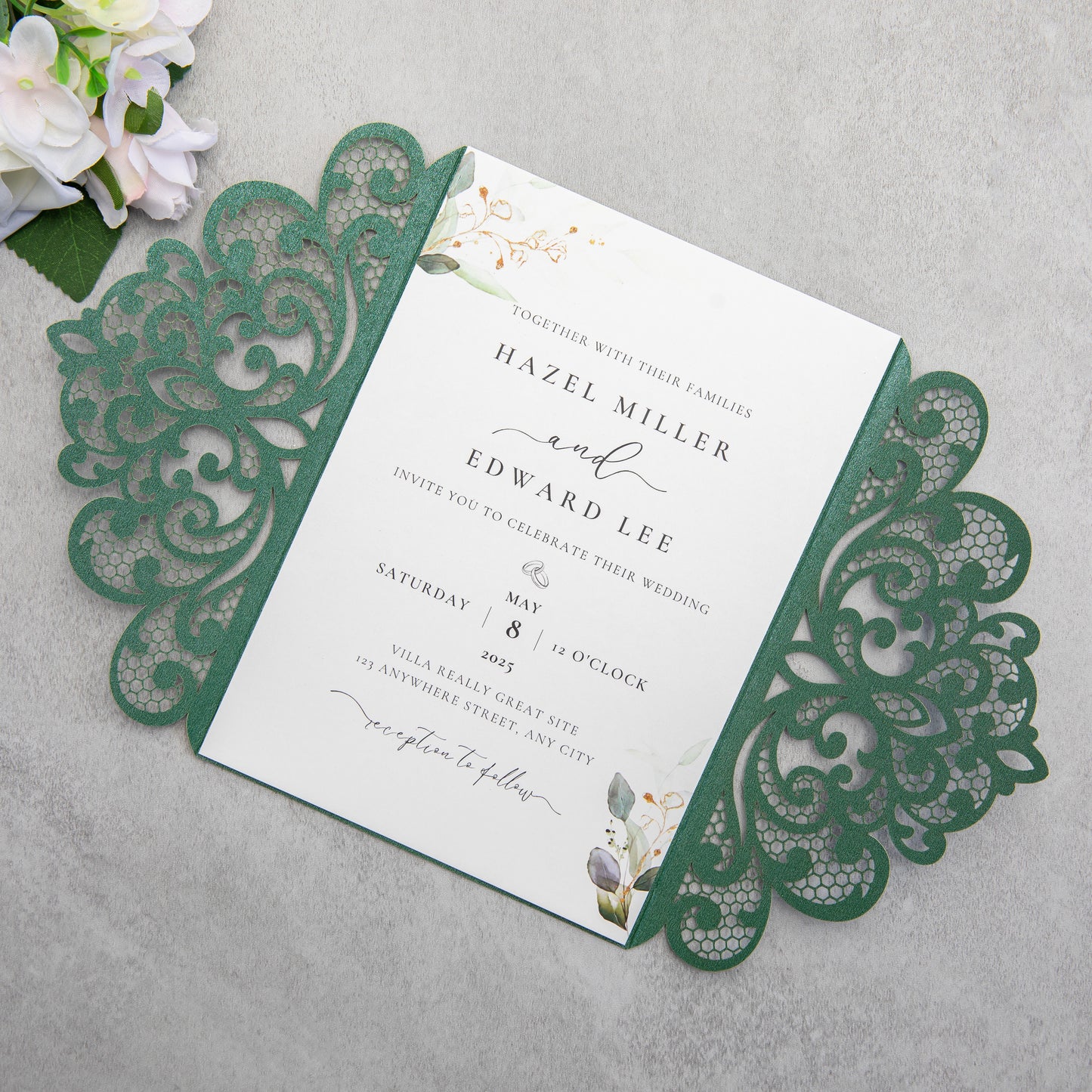 NingsPaper Emerald Green Laser Cut Invitation Cards with Ribbons and Rhinestone Pearls